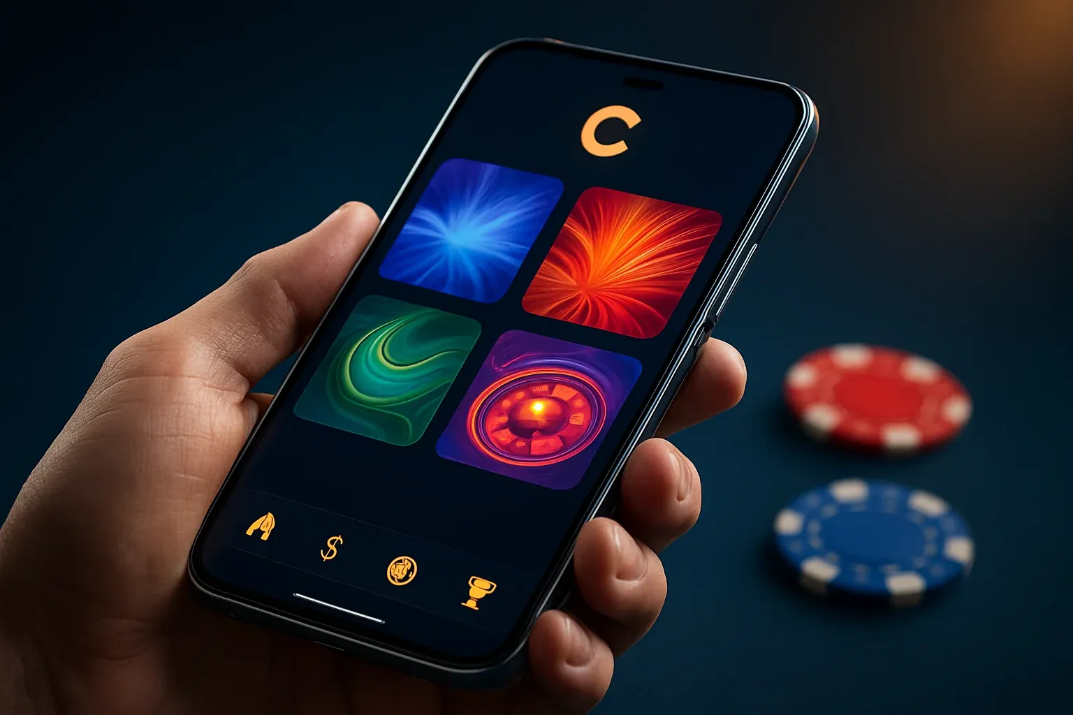 Flagship Android smartphone displaying vivid casino app interface in dramatic lighting