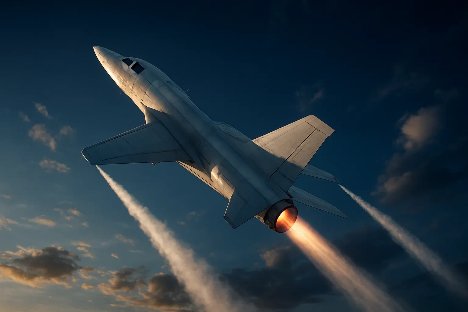 Hyperrealistic white jet aircraft climbing steeply in dramatic blue sky