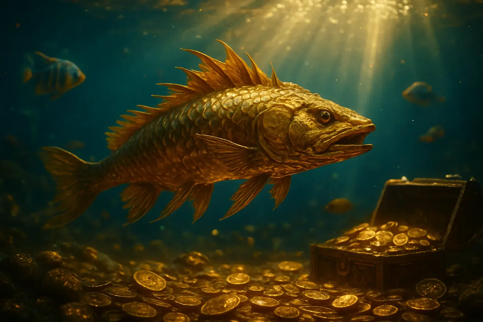 Massive golden dragon fish underwater with treasure, coins, and tropical fish