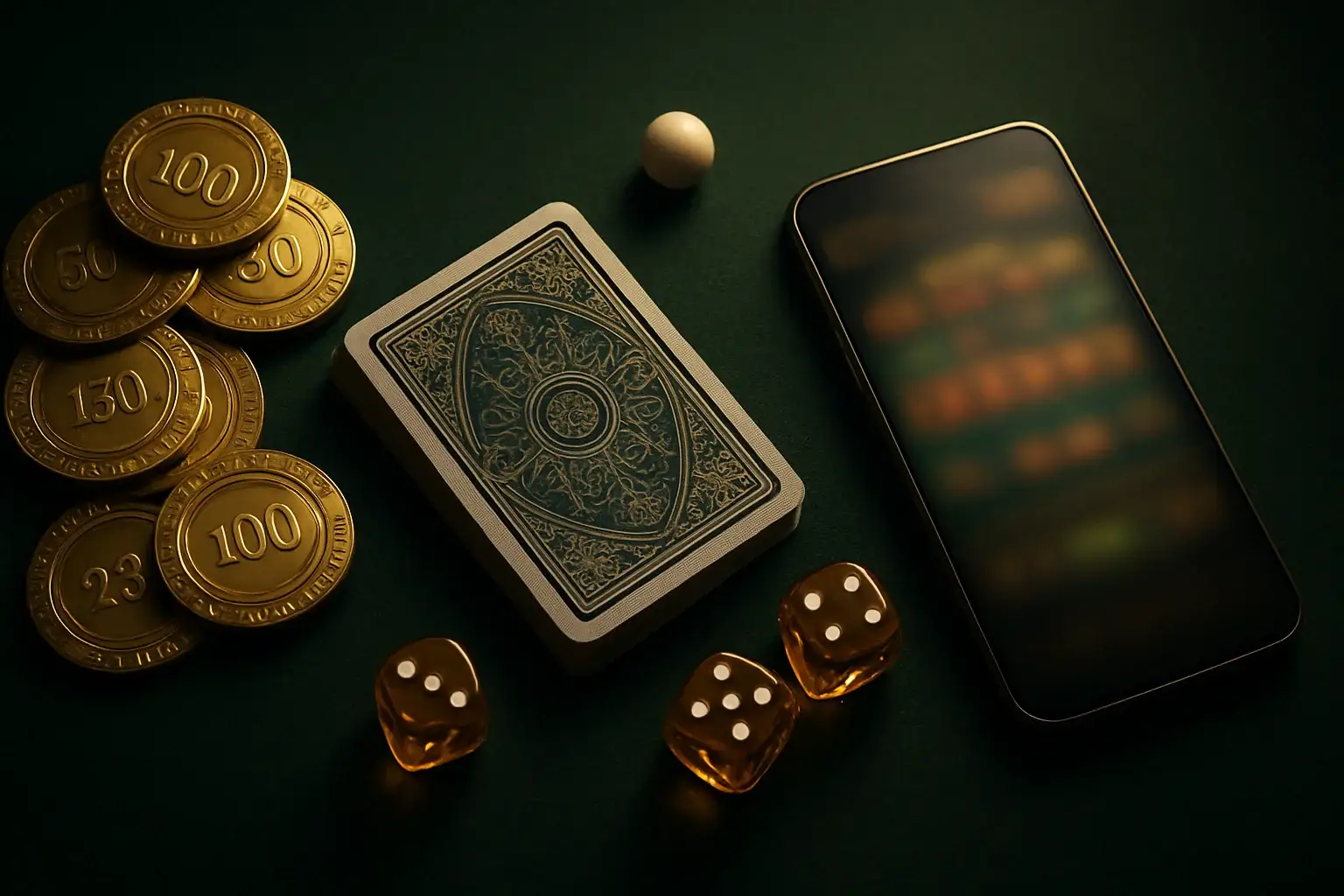 Top-down casino table with gold chips, cards, dice, roulette ball, smartphone