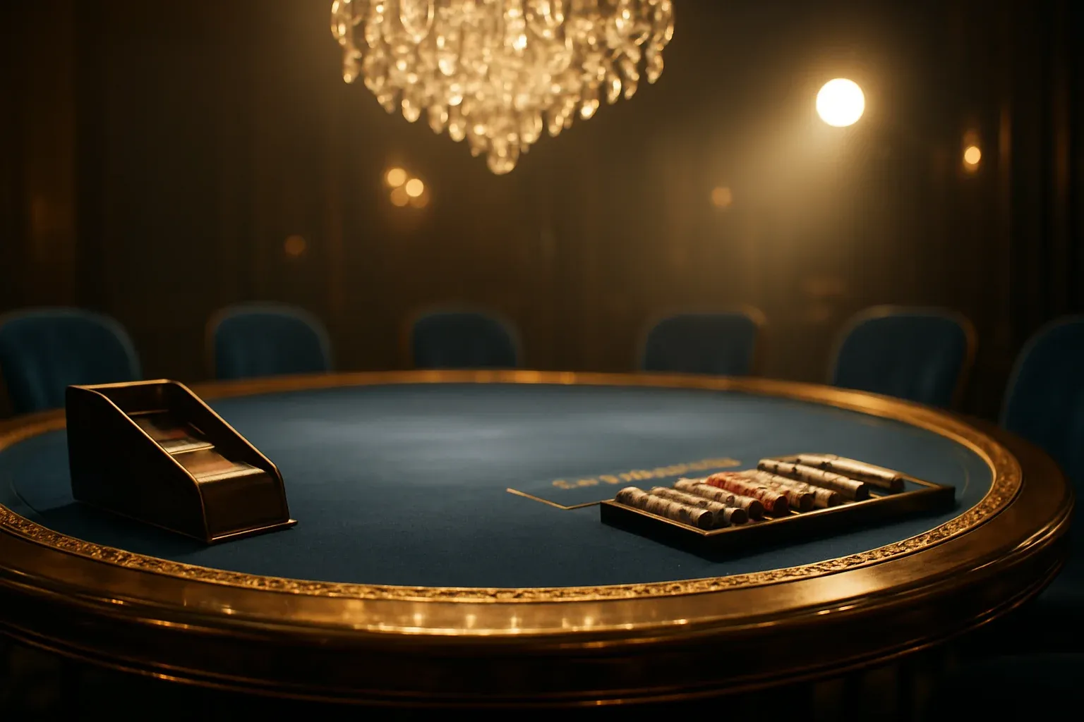 Hyperrealistic premium live baccarat studio in the Philippines with blue felt table