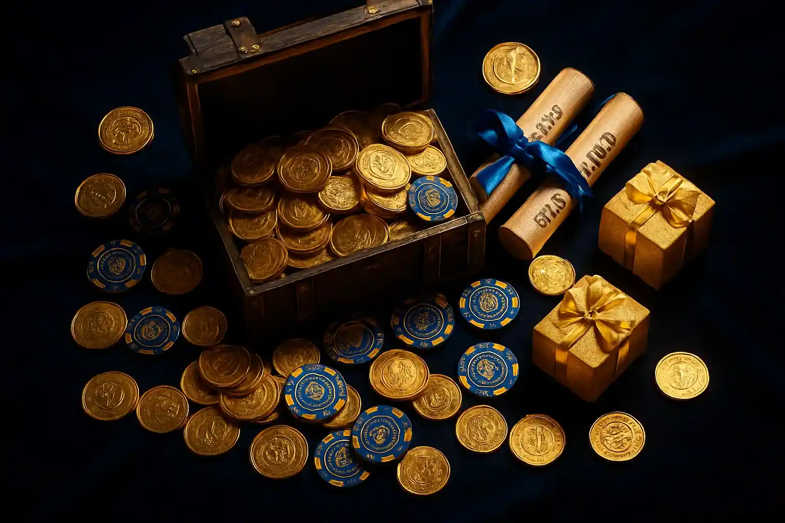 Overflowing treasure chest with gold coins, casino chips, vouchers, and gift boxes