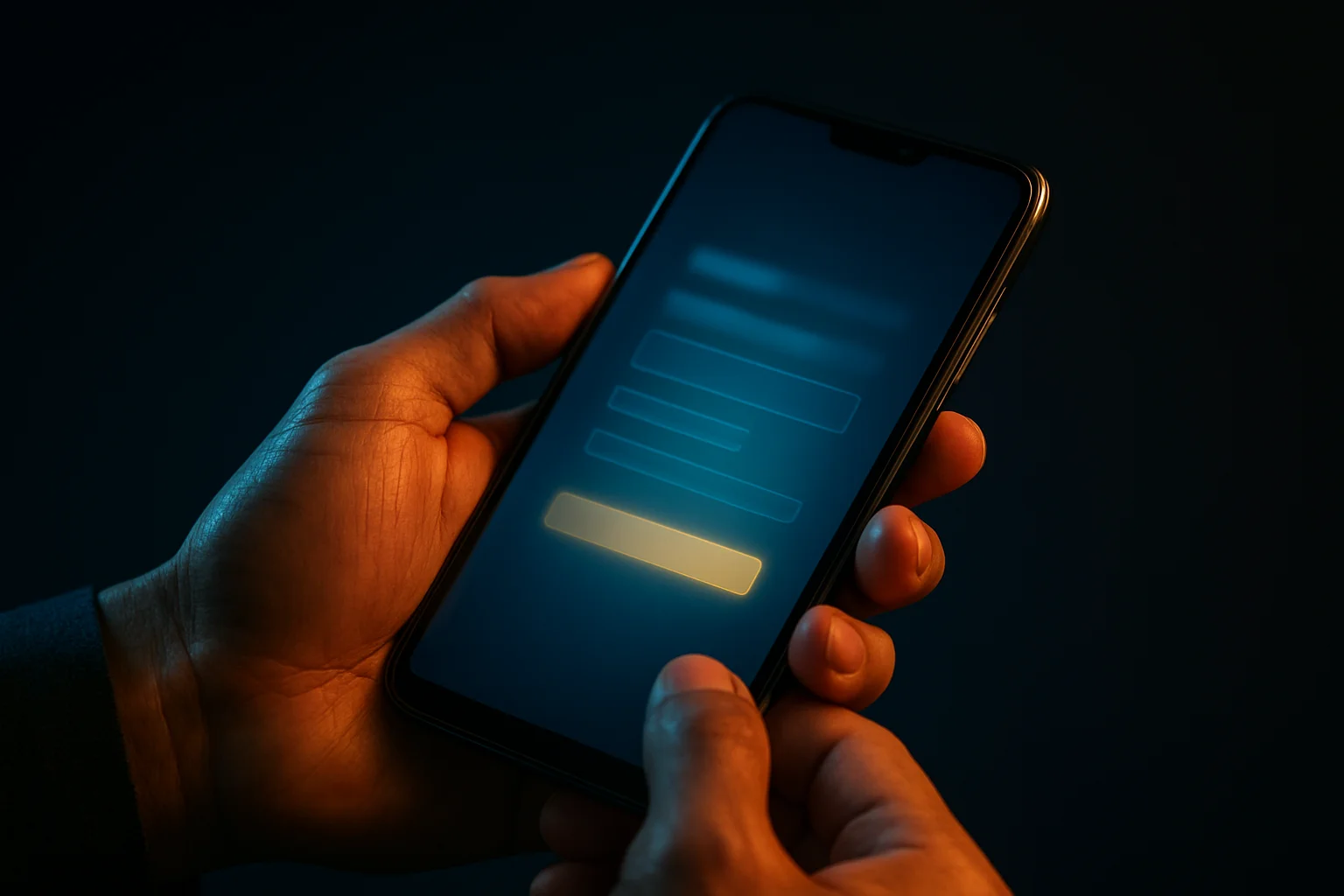 Filipino man's hands holding smartphone with glowing registration interface