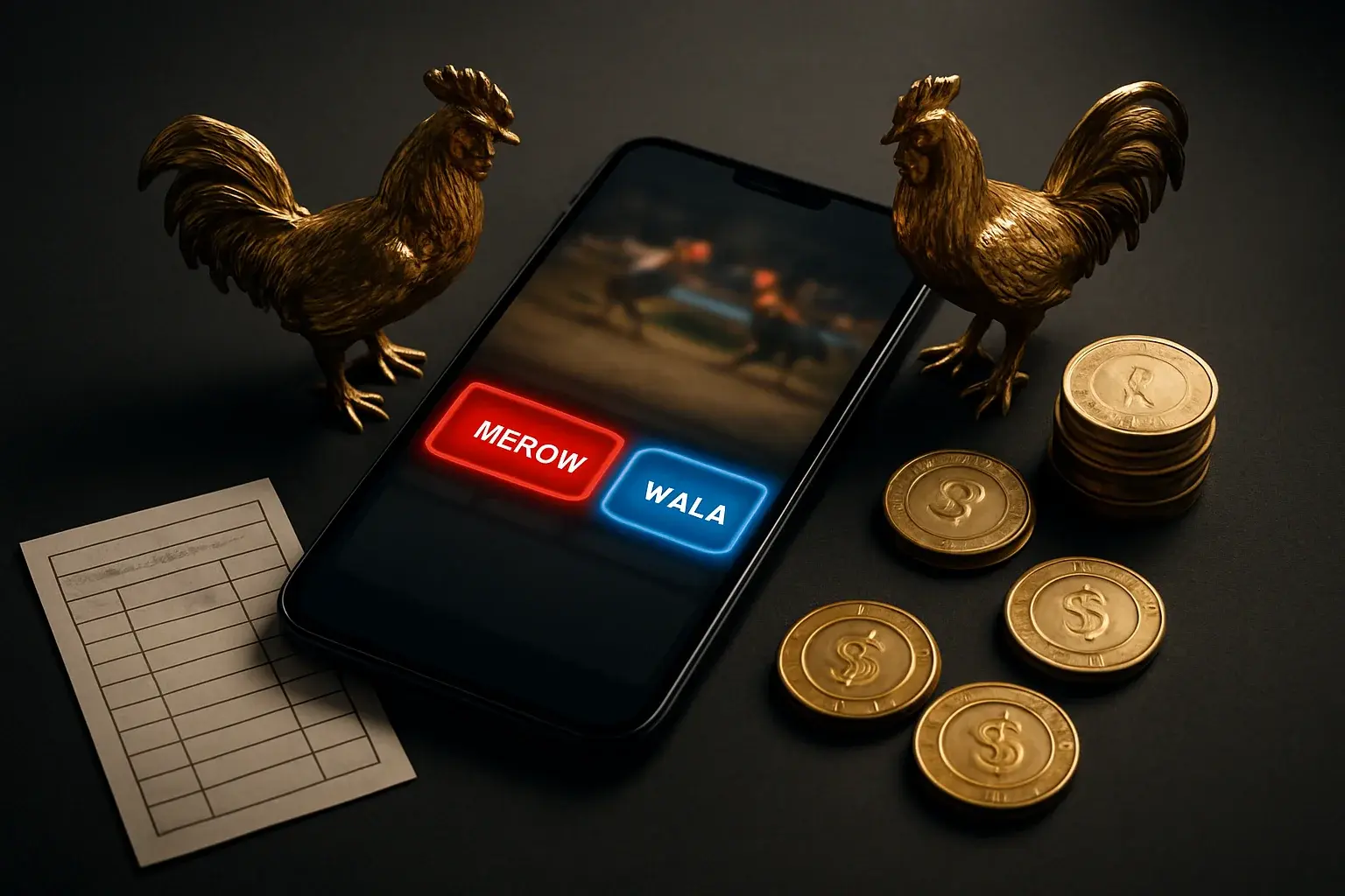 Smartphone with sabong betting interface, golden roosters, coins, and casino chips