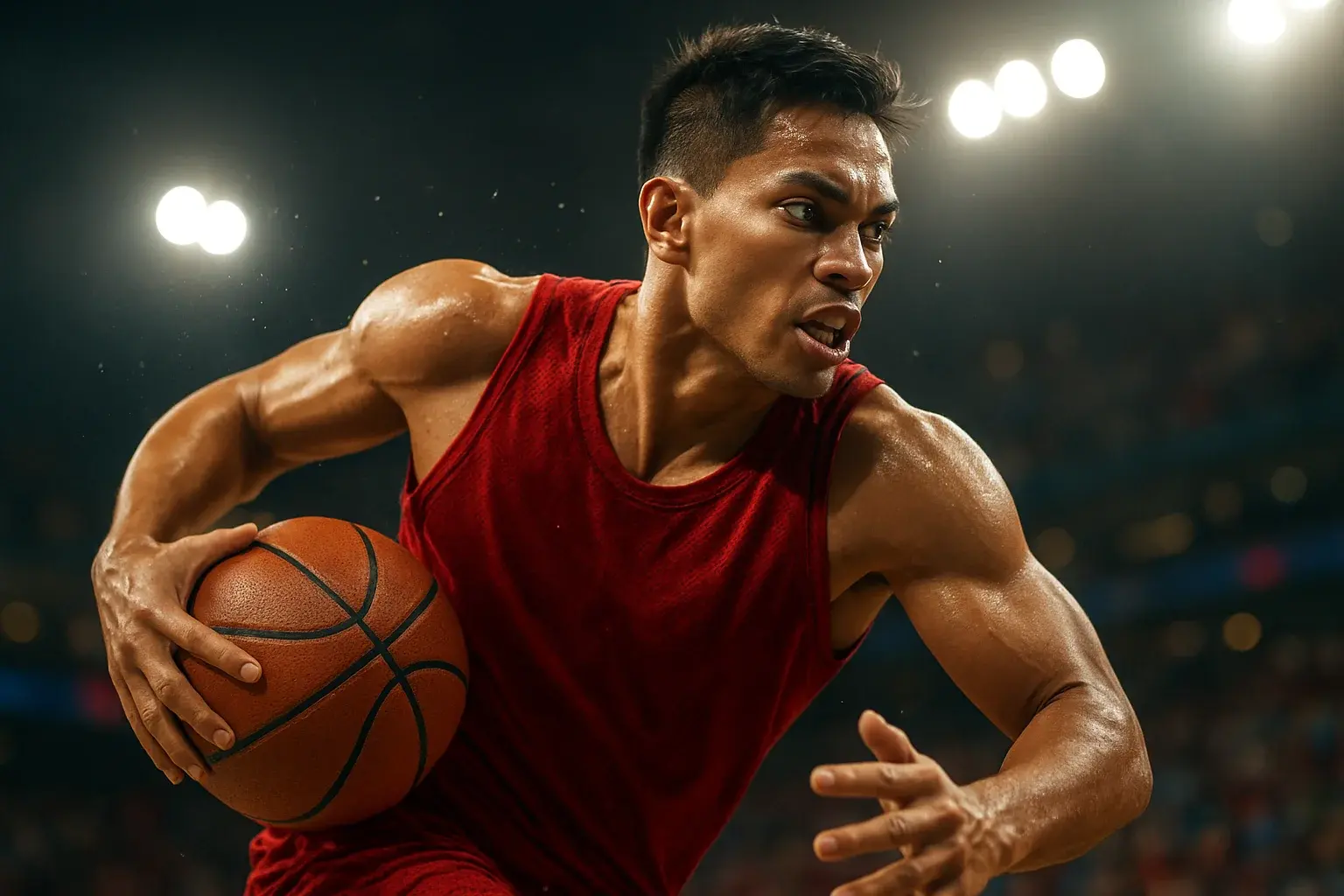 Filipino PBA basketball player mid-air driving powerfully toward the basket